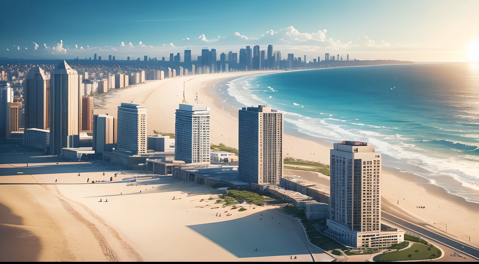 Image of realistic beach close-up, without people, at two o'clock in the afternoon with sun, with image of the most beautiful city in the world in the background