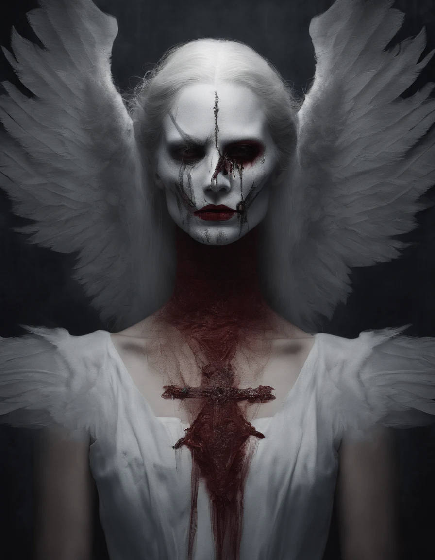 singer in a white half mask, large angel wings, long red dress, innocence