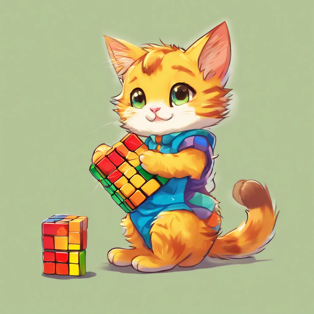 kemono cat playing Rubik's cube, van gogh style, high resolution