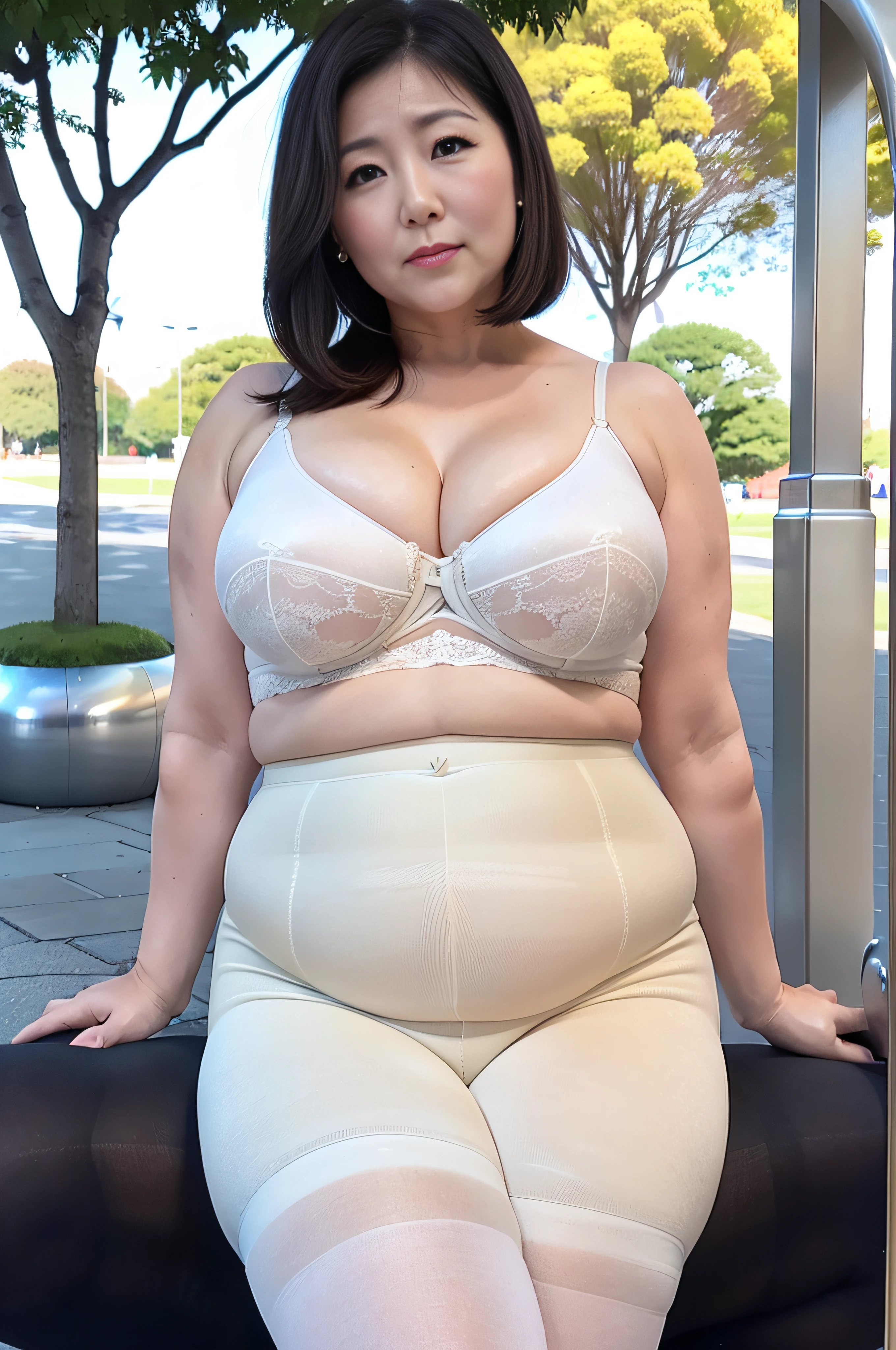 ((Chubby glamour:1.3)),Beautiful 37-year-old office lady is alone in the park,(Only one solo),((The upper body is light bage simple and elegant sleeveless:1.3)),((Elegant white flared skirt for the lower body:1.3)),Neat and sharp facial features,large boob,Big ass,Beautiful short black hair,((Beige pantyhose:1.3)),Expensive necklaces and earrings,Natural wrinkles,Wrinkles at the corners of the eyes, Ultra-realistic, Natural Skin,beautiful lighting,Mature Female Politician, carismatic, A sexy, Chromo-white skin, And a park full of sunny skies