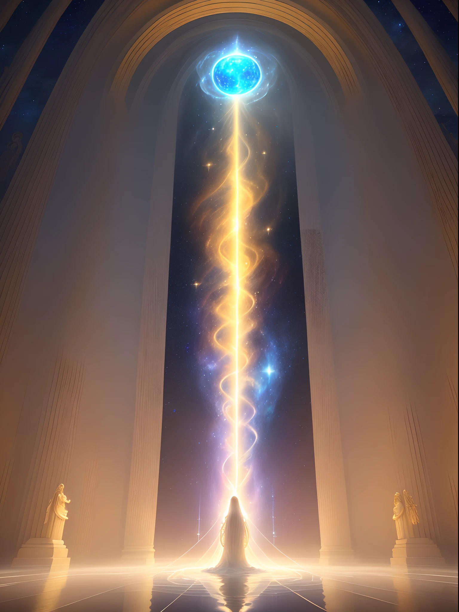 Crie um ponto de encontro Divino para as divindades
(best quality,4k,8k,highres,masterpiece:1.2),ultra-detailed,(realistic,photorealistic,photo-realistic:1.37),heavenly light,golden hued atmosphere,grand divine architecture,elaborate sculptures,serene and tranquil setting,sacred garden with blooming flowers,reflection on a serene lake,glowing celestial orbs floating in the sky,ethereal clouds swirling in the heavens,glistening waterfall cascading down from the heavens,holy rays of sunlight piercing through the clouds,symphony of angels singing,mythical creatures roaming the grounds,divine beings in magnificent flowing robes,golden halo around their heads,breathtaking panorama of celestial realms,harmony of colors from warm hues to cool blues,soft and radiant glow illuminating the scene,peaceful aura permeating the air,overwhelming sense of tranquility and serenity,holy energy pulsating throughout the space,whispers of ancient prophecies resonating in the wind,cosmic tapestry of stars adorning the night sky,sublime beauty that transcends mortal comprehension,divine creatures intertwining with nature in perfect harmony,awe-inspiring architecture reaching towards the heavens,sublime blend of earthly and divine