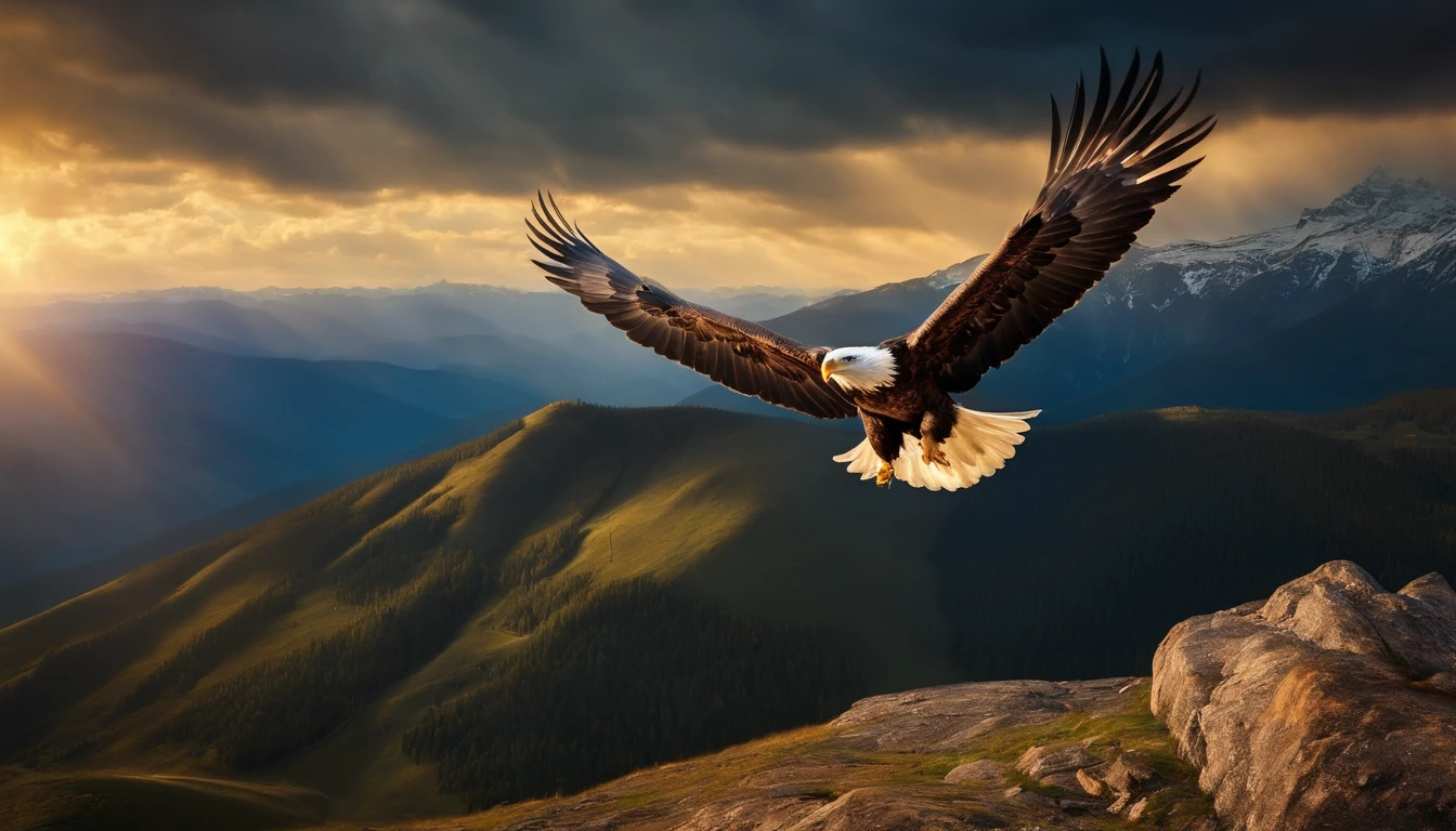 Eagle flying high on the mountain on a sunny day with sun rays