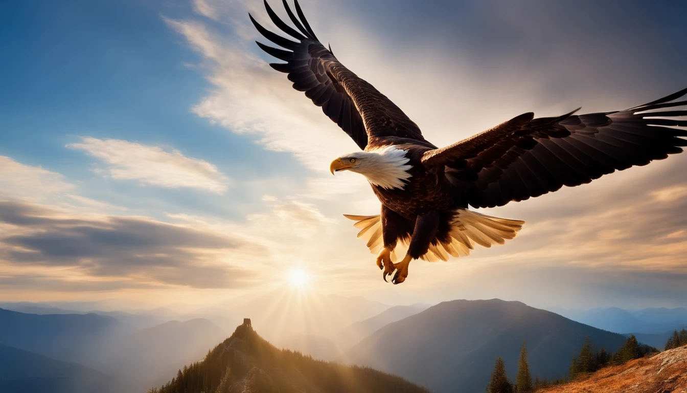 Eagle flying high on the mountain on a sunny day with sun rays