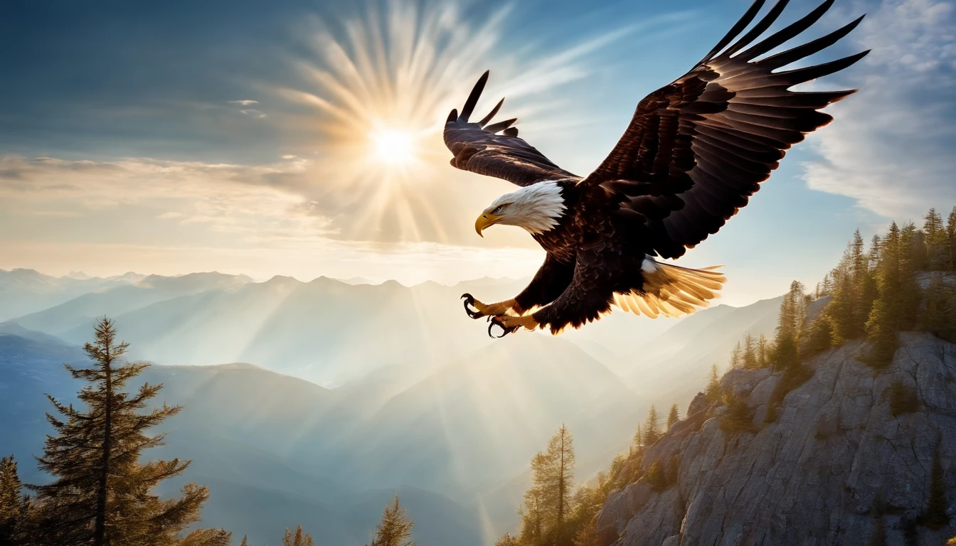 Eagle flying high on the mountain on a sunny day with sun rays