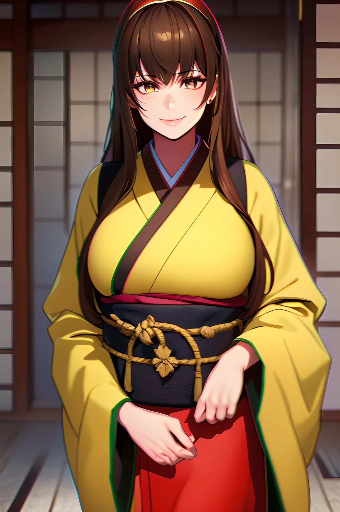 ((masterpiece)), ((ultra-detailed)), ((best quality)), ((intricate details)), ((chromatic aberration)), 1girl, long hair, eyeliner, eyelashes, looking at viewer, hitomi, brown hair, red headband, smile, wearing kimono, japanese traditional dress,