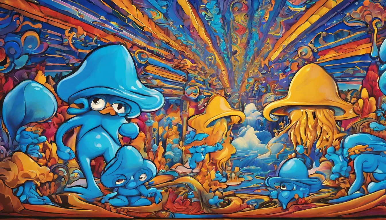 "melting blue Smurfs stuck on a wall in a psychedelic and surreal art installation, their vibrant blue bodies blending and melting with the colorful abstract background, creating a whimsical and trippy visual experience, Artwork, mixed media with acrylic paints and digital manipulatio