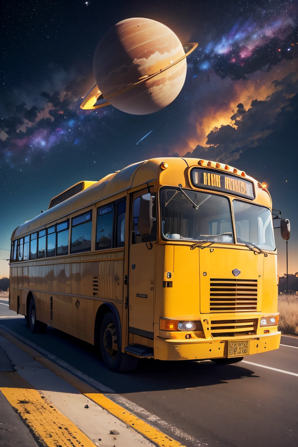 a horrific yellow school bus driven by a galdiatorian, in the distance like a dream of the planet Saturn with extravagant decorations. The galaxy is colorful and magnificent