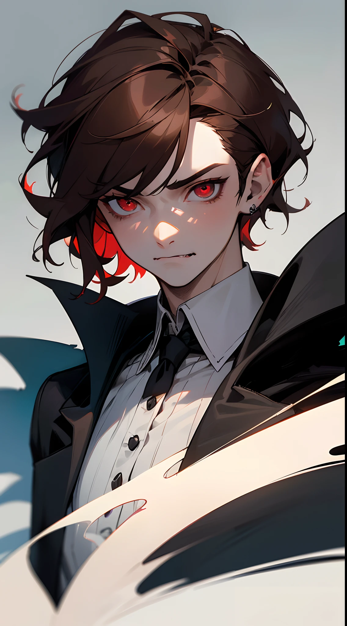 ((tmasterpiece)),(((beste-Qualit))), Close-up of depressed and sad man with brown hair, Grown-up guy, Seductive evil, (l vampire), wearing white shirt, black cloak, black pants Attractive appearance, Subsurface scattering skin, Attractive humanoid, high detail, Skinny fantasy man, Fan art, Art, handsome male, red eyes, depressed mood, sad face, Gloomy, fangs, vampire fangs, small pupils, Skinny face, sunken cheeks, Melancholic appearance, sharp chin, Smooth face, earring in the ear, Hair gradient, hair color from brown to red, thin eyebrows, short hair on the side, pixie hairstyle, Wavy Hair, A chilling look, Cool dark shades, Additional lighting, A gloomy picture, Black Darkness, An ominous fire in his eyes, A Necromancer, necromancy