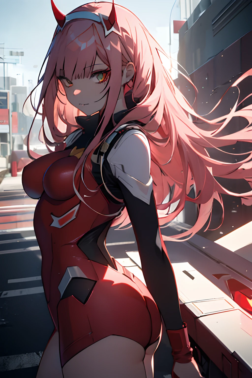 zero two \(darling in franxx\), darling in franxx, 1girl, bangs, bite, shadow, long hair, small breasts, large thighs, big ass, makeup, looking at the viewer, pair of small red horns, pink hair, pilot suit, red bodysuit, red eyeshadow, tight skin, solo, detailed background