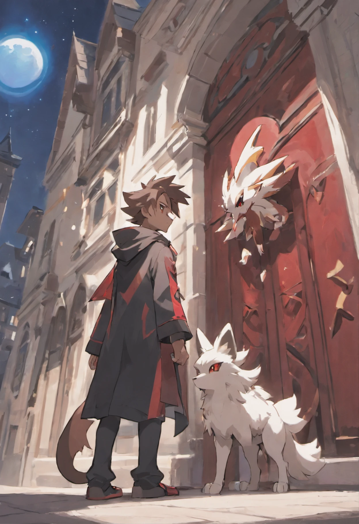 Pokémon Lycanroc eclipse and a black-robed boy with blood red eyes looking at a building
