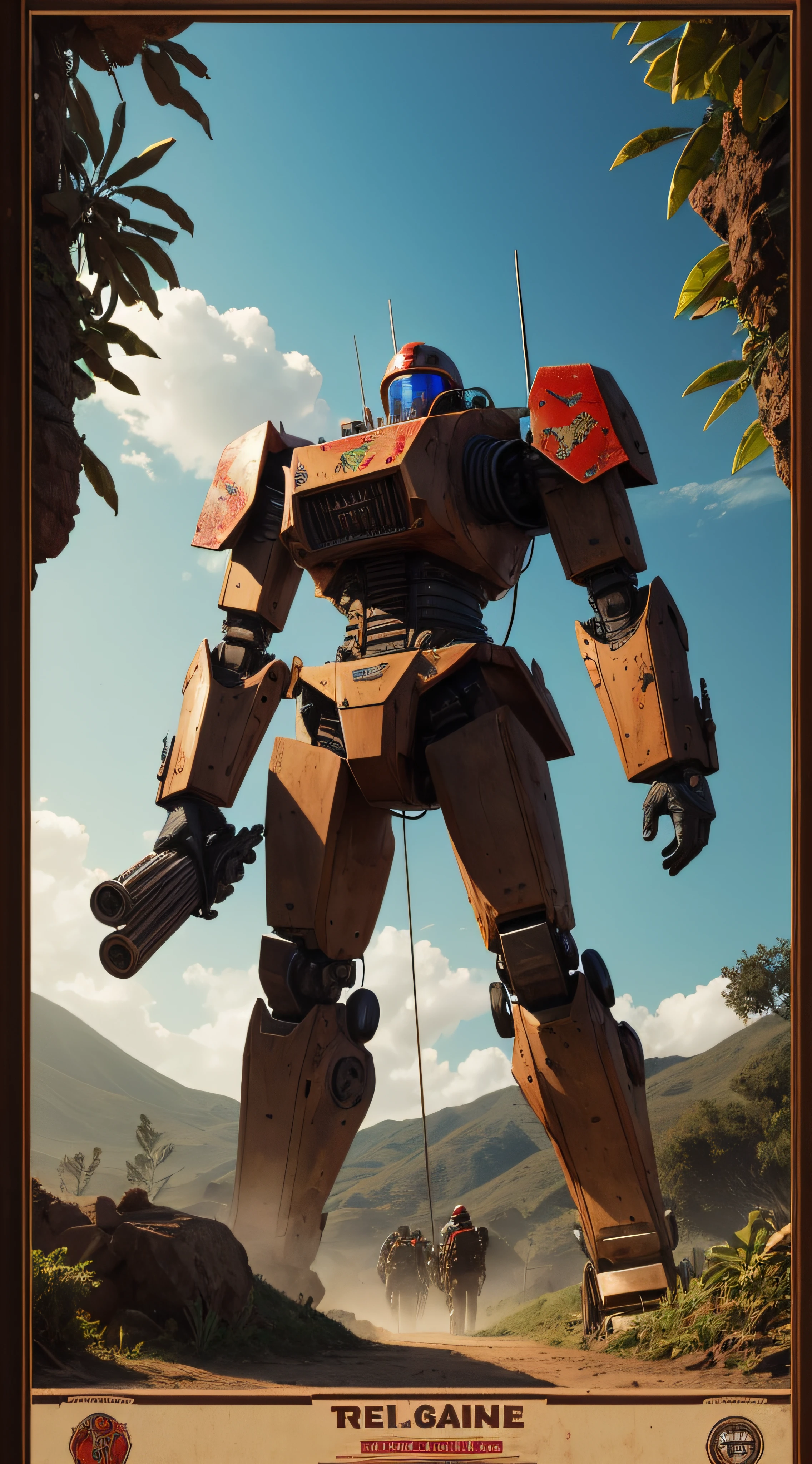 (extremadamente detallado, obra maestra, La mejor calidad, foto antigua, principios de siglo, VHS Aesthetics) Great retro robot with blood in robotic hands. Armas grandes, cannons on his back. motosierras. In the middle of a strange jungle. Vegetables from another dimension. Epic flowers far away, organic trees with meat. Luz noche.