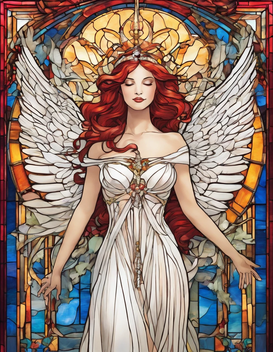 singer in a white half mask, large angel wings, long red dress, innocence