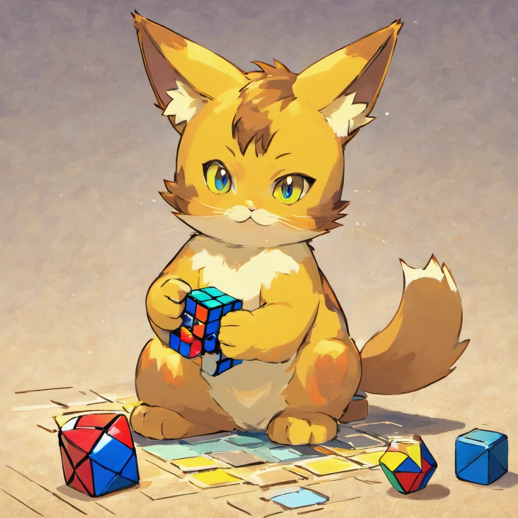 kemono cat playing Rubik's cube, van gogh style, high resolution
