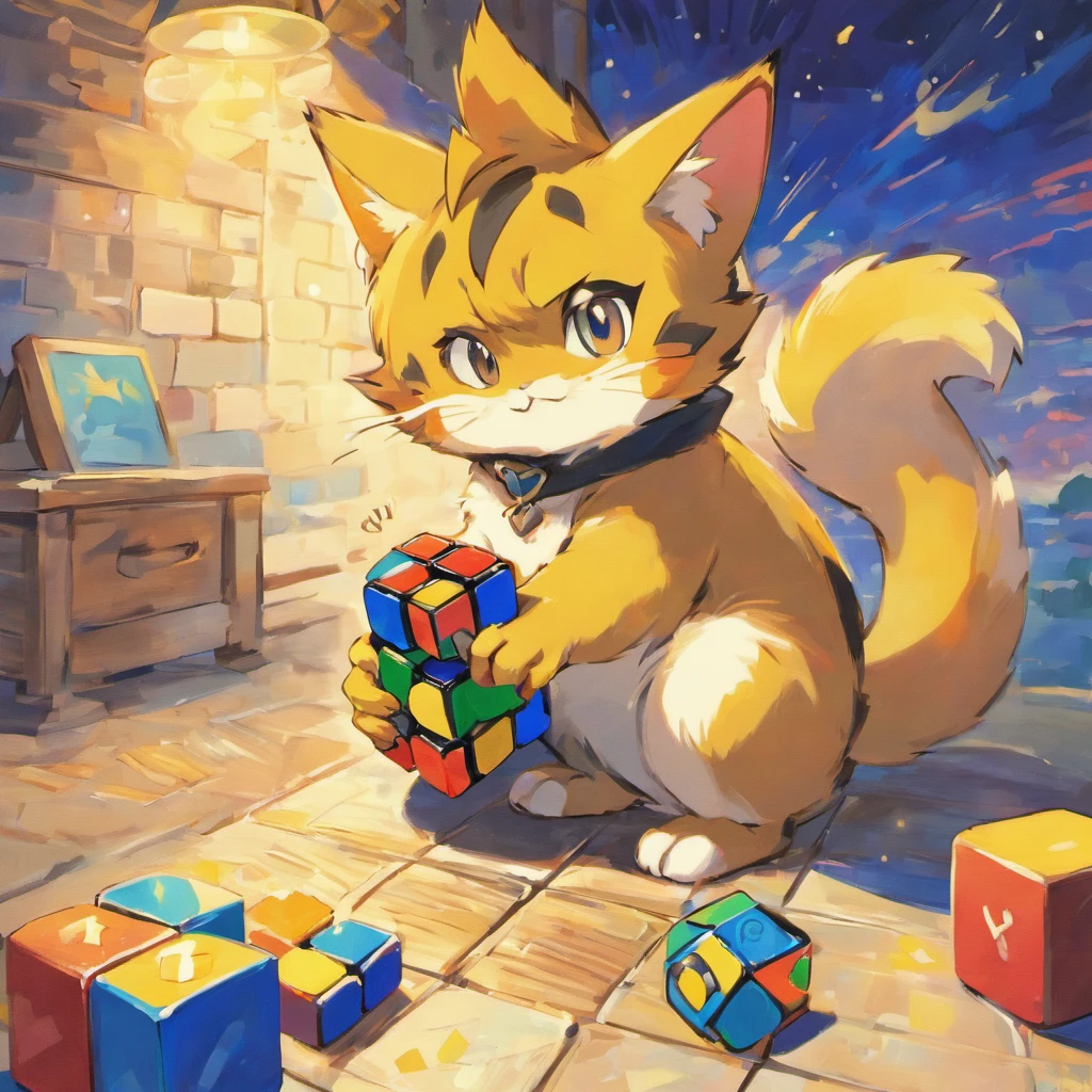 kemono cat playing Rubik's cube, van gogh style, high resolution