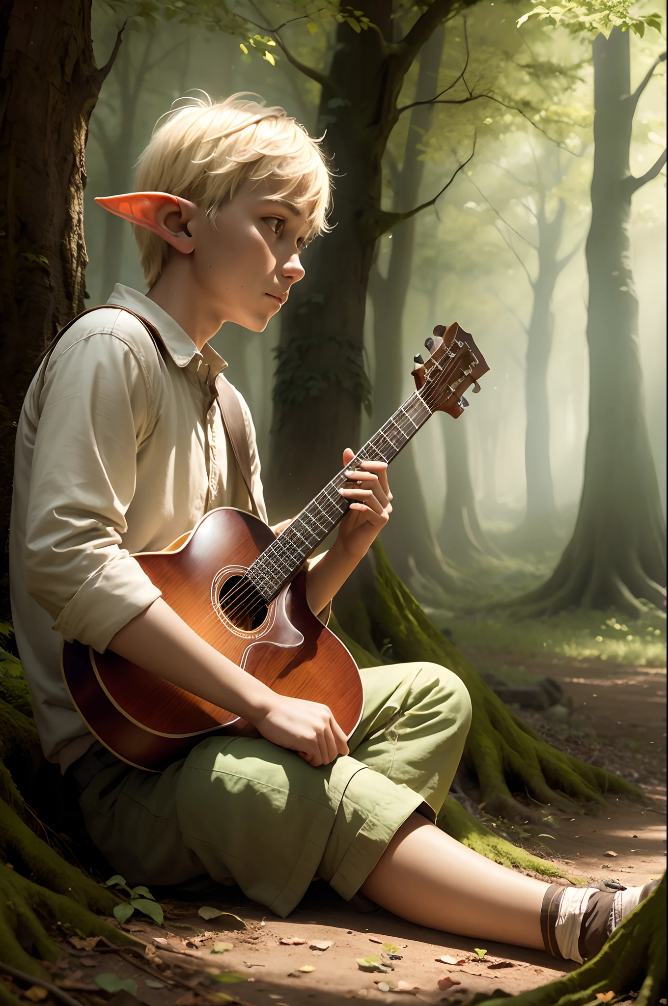 one person,  boy, Forest Gnome, sitting under a tree in a forest, playing an instrument:1.5, white skin, blonde hair, elf ears