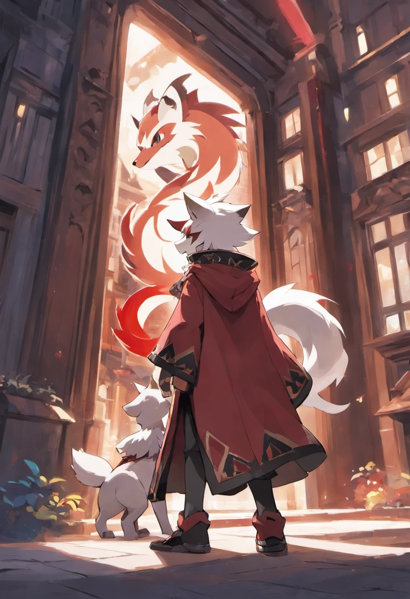 Pokémon Lycanroc eclipse and a boy in blood black robes looking at a building
