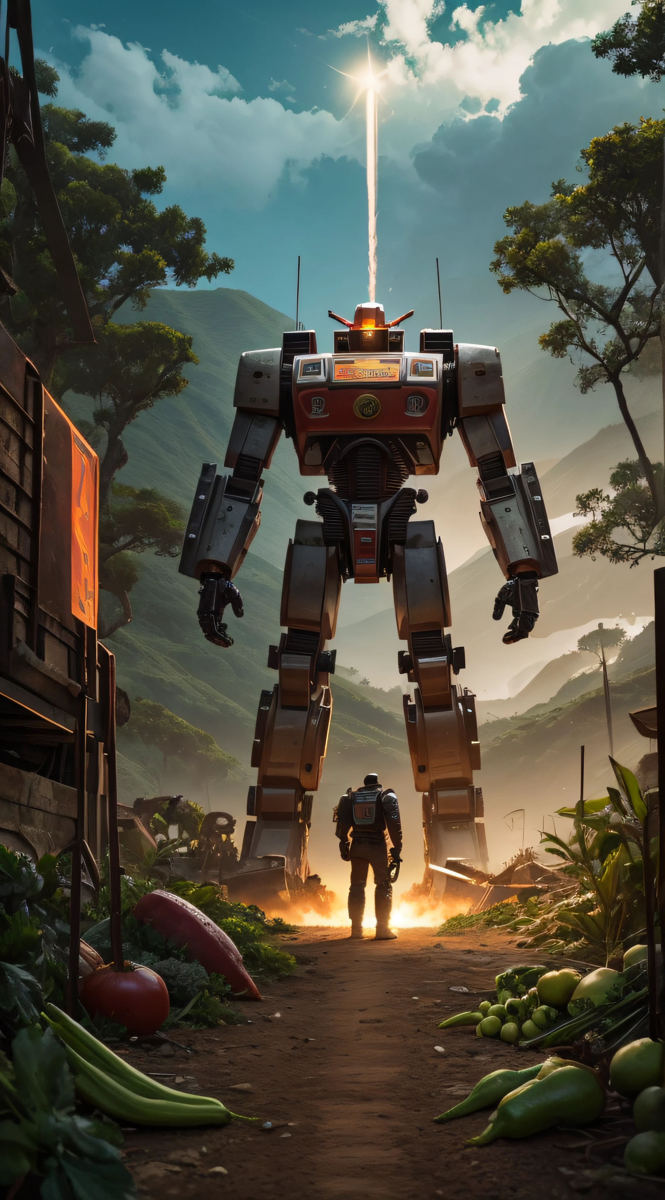 (extremadamente detallado, obra maestra, La mejor calidad, foto antigua, principios de siglo, VHS Aesthetics) Great retro robot with blood in robotic hands. Armas grandes, cannons on his back. motosierras. In the middle of a strange jungle. Vegetables from another dimension. Epic flowers far away, organic trees with meat. Luz noche.