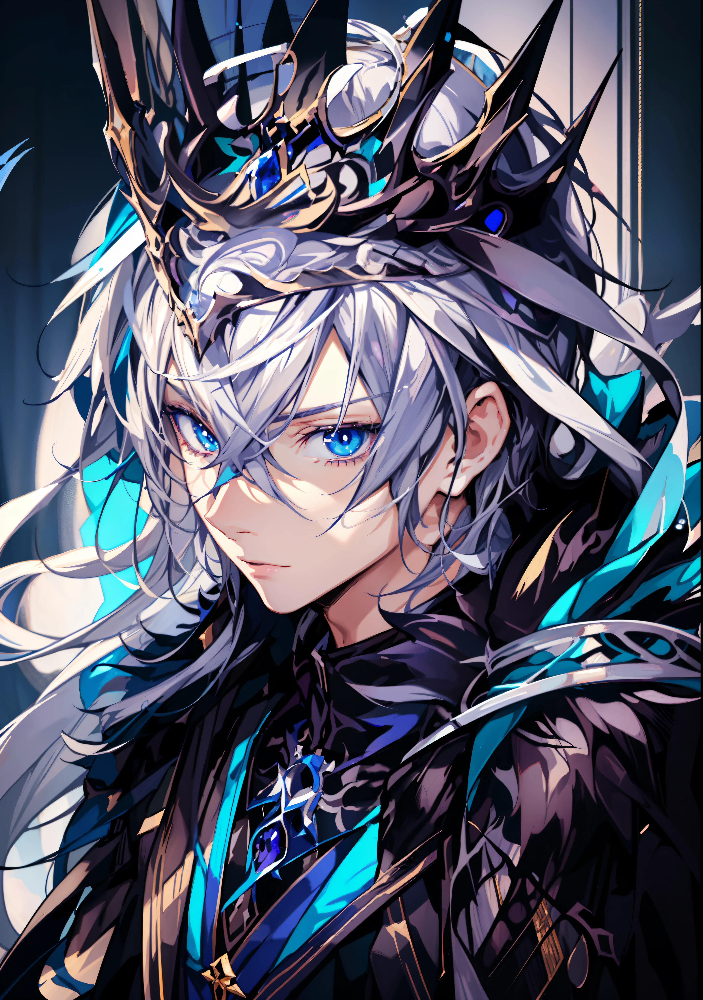 a close up of a person with a crown on their head, handsome guy in demon slayer art, white hair, anime guy with blue eyes, detailed key anime art, male anime character, detailed anime character art, detailed digital anime art, key anime art, anime boy, anime boy with long white hair, from arknights, detailed anime artwork
