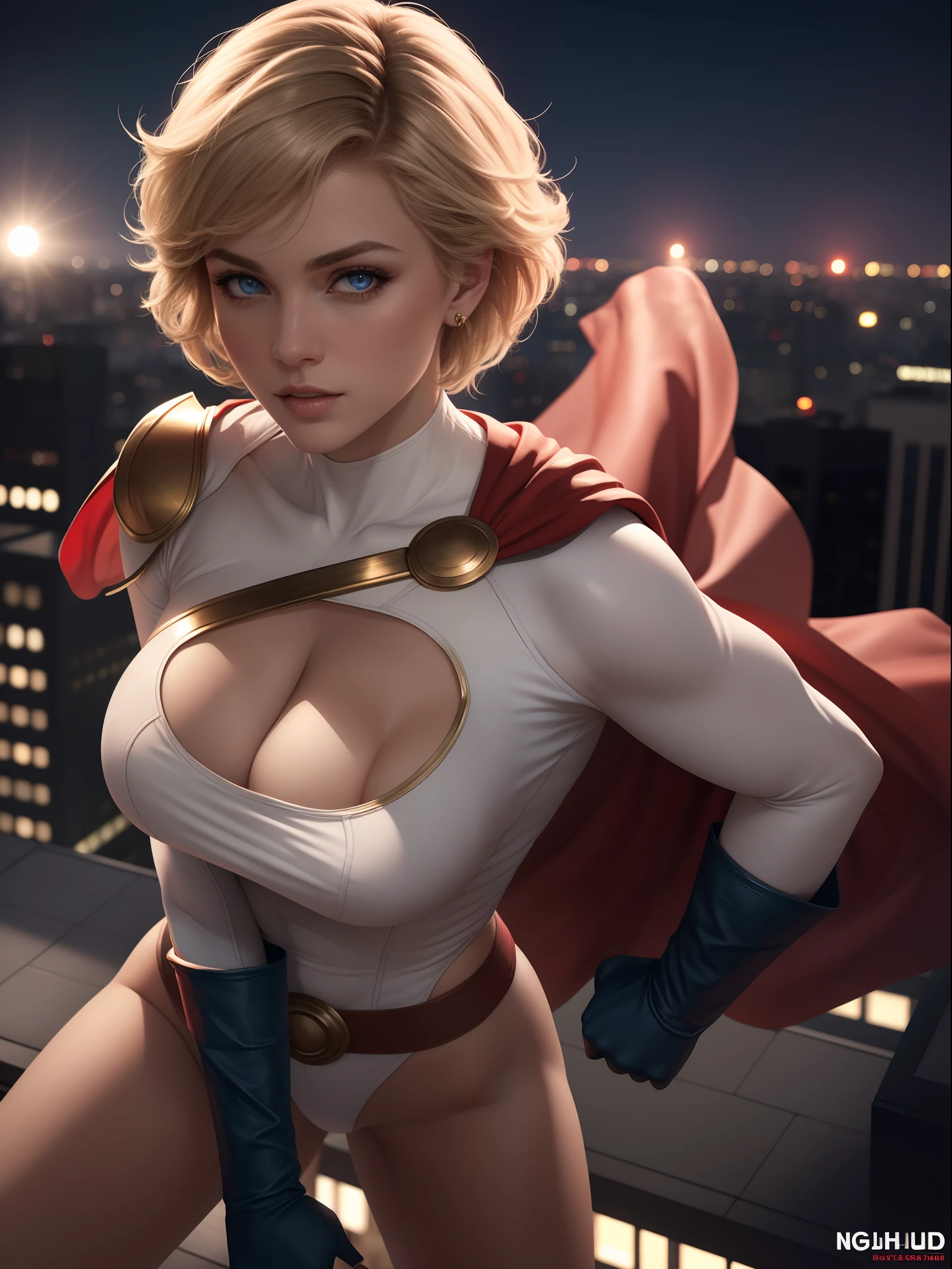 sexy masterpiece, best quality, highest quality, high definition, highly detailed, 8K, Power Girl in costume on rooftop at night, blue gloves, red cape, athletic and fit body, naughty, perfect hands, detailed hands, perfect eyes, detailed eyes, flirty, sexy, realistic, HDR, UHD, dynamic, cleavage