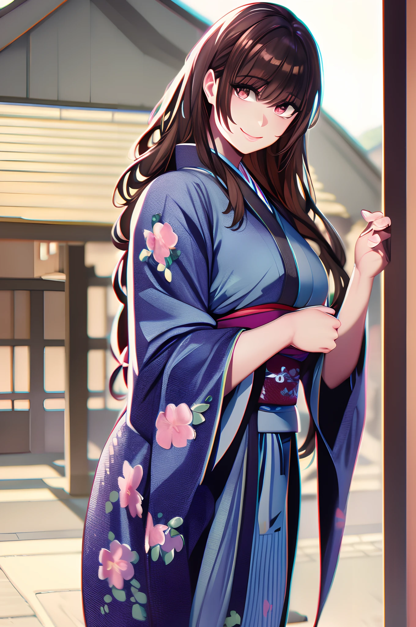 ((masterpiece)), ((ultra-detailed)), ((best quality)), ((intricate details)), ((chromatic aberration)), 1girl, long hair, eyeliner, eyelashes, looking at viewer, nanami, brown hair, smile, wearing kimono, japanese traditional dress,