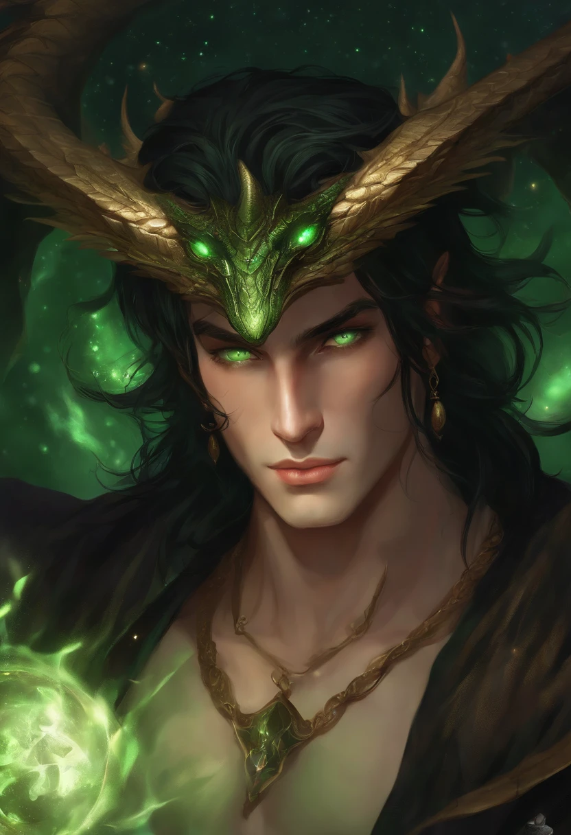 Fine, (Best Illustration), 8k Resolution, Intricate Details, Best Quality, Realistic, Ultra Detailed, Best Lighting, Best Shadows, Ultra HD, ((((Handsome Young Man))), ((age :1.5)), (glowing red eyes), (glowing eyes), ((((long black hair: 1.1))), ((dark green clothes)), (prince (indifferent expression), , (((Wearing high detail luxurious green robe))),, starry night sky, falling meteors, elf ears, ((fair skin)), with dragon horns on forehead, surrounded by giant dragons