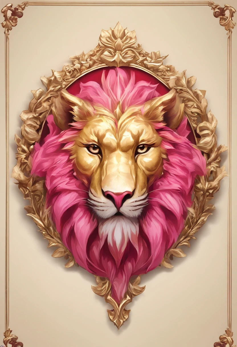 Design a stylish and eye-catching logo "Vesda Fashion" Combines pink tones with sophistication and luxury. The background should be soft pink. In the center of the logo, Arrange two majestic lions in golden tones, Adjacent to a pine forest symbolizing strength and connection to nature. Add elegant gold or black typography to your name "Vesda Fashion". Incorporates subtle gold or pink ornaments for a glamorous touch. The end result is、It should be an impressive logo that represents the elegance and fame of "Vesda Fashion". Metal Tiger Head Close-Up Game Medallion(with crown),Close-up of a dragon's head,Hearthstone Art Style, Hearthstone Style Art, hearthstone concept art, Riot Games Concept Art, Estilo de League of Legends, iconic character splash art, Corona de League of Legends,Game Badges,Perimeter metal feathers,Red gold,C4D Rendering,less details,less details,Huge metal tiger head in the middle