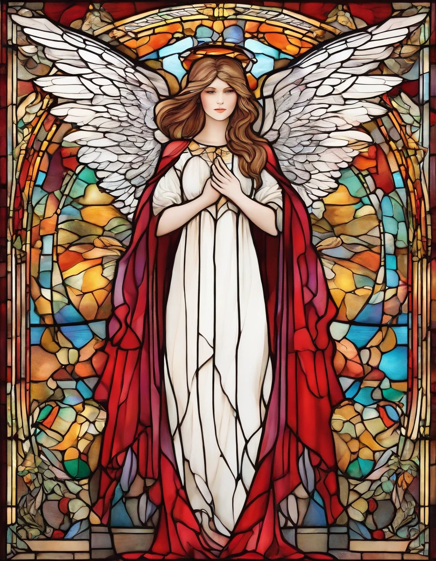 (best quality, ultra-detailed, realistic:1.37), white half mask, large angel wings, long red dress, innocence, beautiful detailed eyes, beautiful detailed lips, flowing dress, ethereal atmosphere, soft lighting, studio photography, vivid colors, subtle shadings