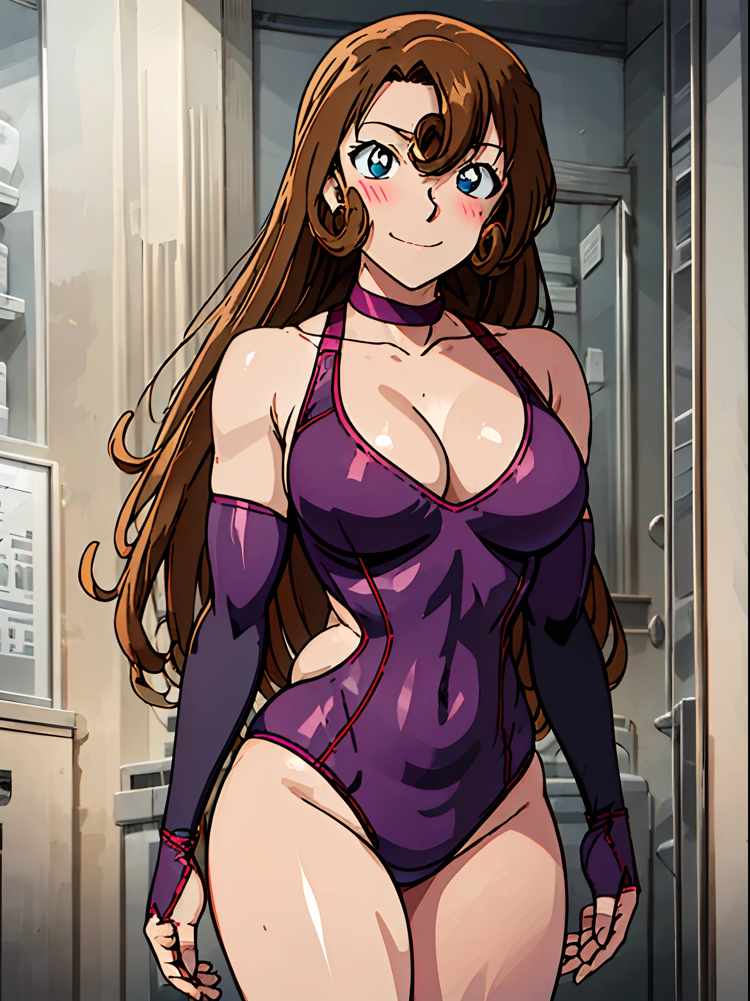front view, cowboy shot, ultra detailed face, best quality, anime style, hires, highest definition, digital blending, bold drawing lines, ((weak body, female wrestler), (slender body), mature woman, milf, (wrestling gear, collar band), victorious, gorgeous, winner, not blushing, confident face, smile, (closed mouth), (pale skin, shiny skin, lighting and shadow), (cleavage), (clean face), (warming up), closed fists, (brown, curly hair, long hair, curly bangs), 37 years old,