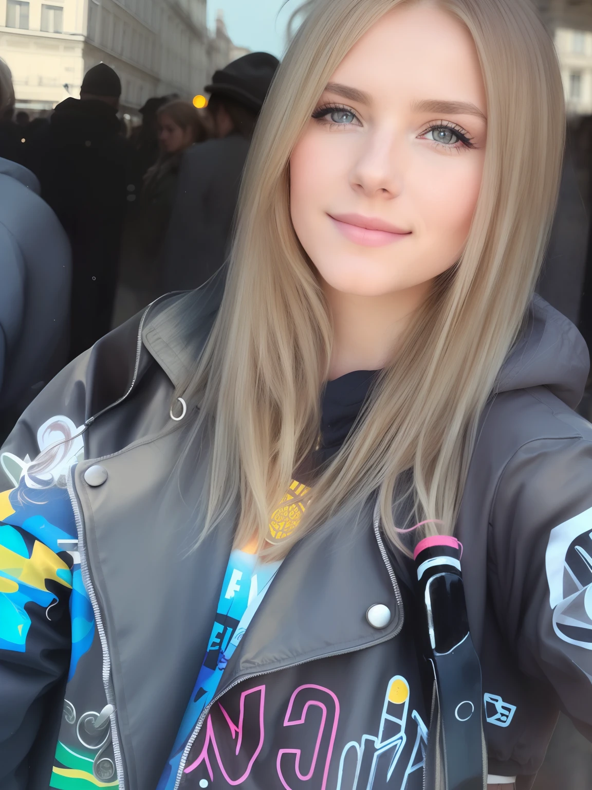 A blonde woman with long hair stands on the street in front of the building, a beautiful blonde, a beautiful blonde, TAGS: blonde hair, big breasts, big breastes, blonde woman, a girl with blonde hair, Christian Zartmann, sweet woman, Seb McKinnon, shoulder-length blonde hair, a gorgeous blonde, Beautiful blonde hair, beautiful and smiling, by Matija Jama