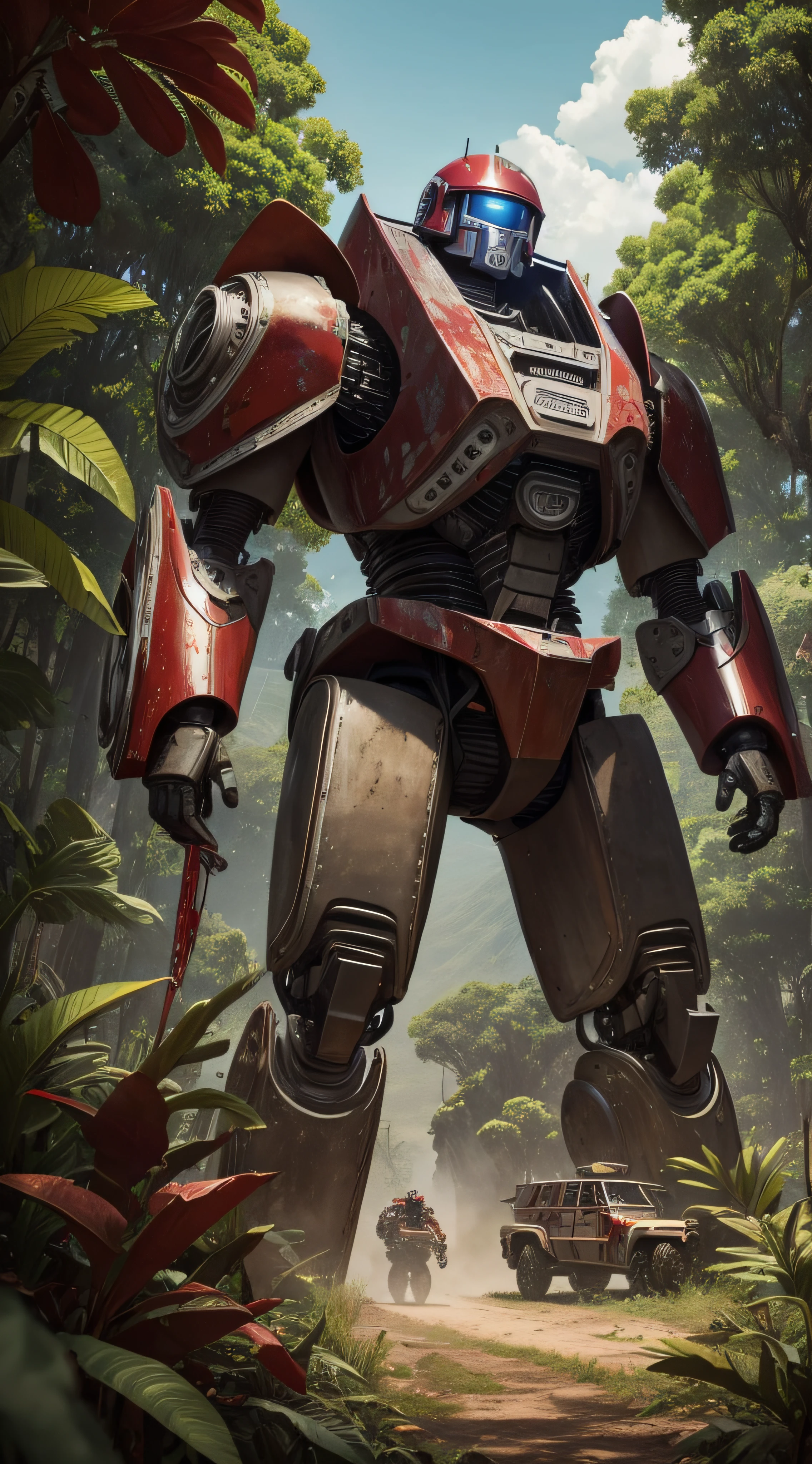 (extremadamente detallado, obra maestra, La mejor calidad, foto antigua, principios de siglo, VHS Aesthetics) Great retro robot with blood in robotic hands. Armas grandes, cannons on his back. motosierras. In the middle of a strange jungle. Vegetables from another dimension. Epic flowers far away, organic trees with meat. Luz noche.