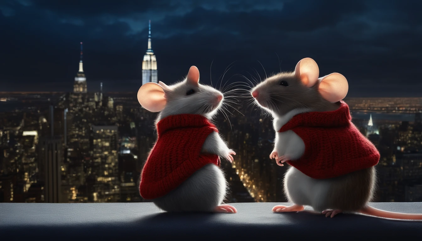 a mouse in a red sweater vest and a mouse wearing a white sweater, standing on the roof of a new york city skyscraper, midnight city lights in the background, blanket covering something in front of them.