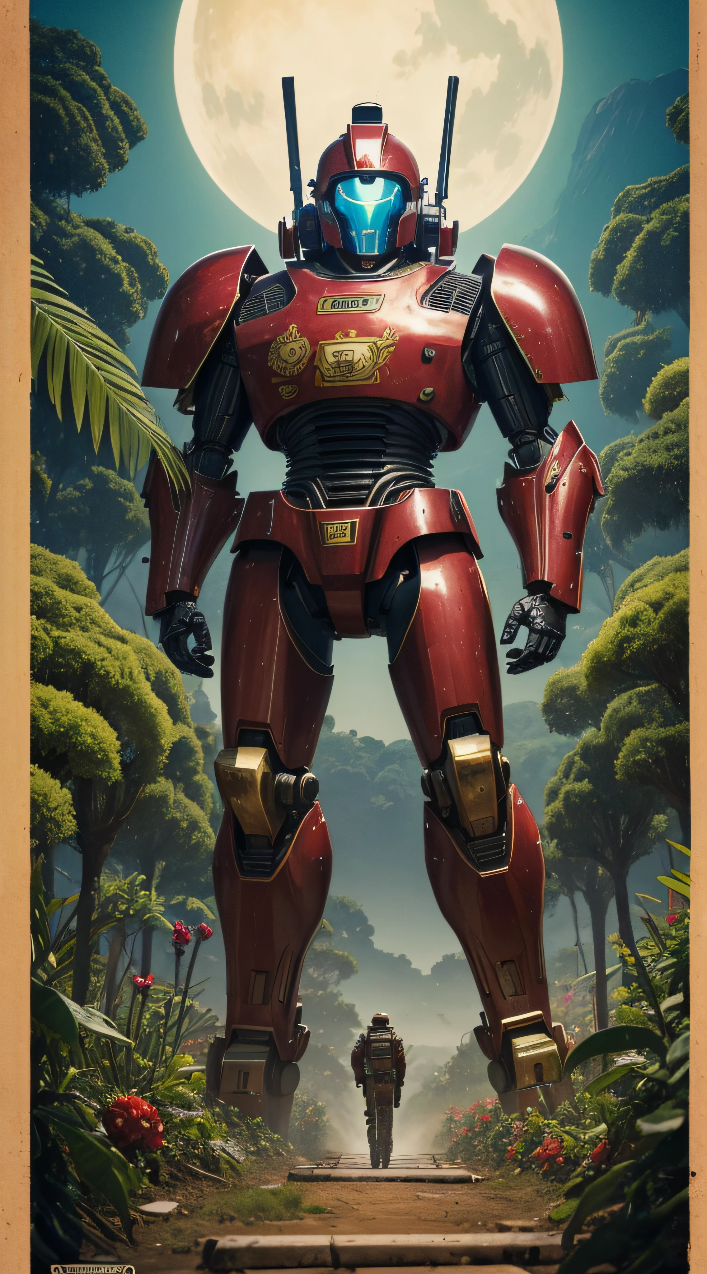 (extremadamente detallado, obra maestra, La mejor calidad, foto antigua, principios de siglo, VHS Aesthetics) Great retro robot with blood in robotic hands. Armas grandes, cannons on his back. motosierras. In the middle of a strange jungle. Vegetables from another dimension. Epic flowers far away, organic trees with meat. Luz noche.