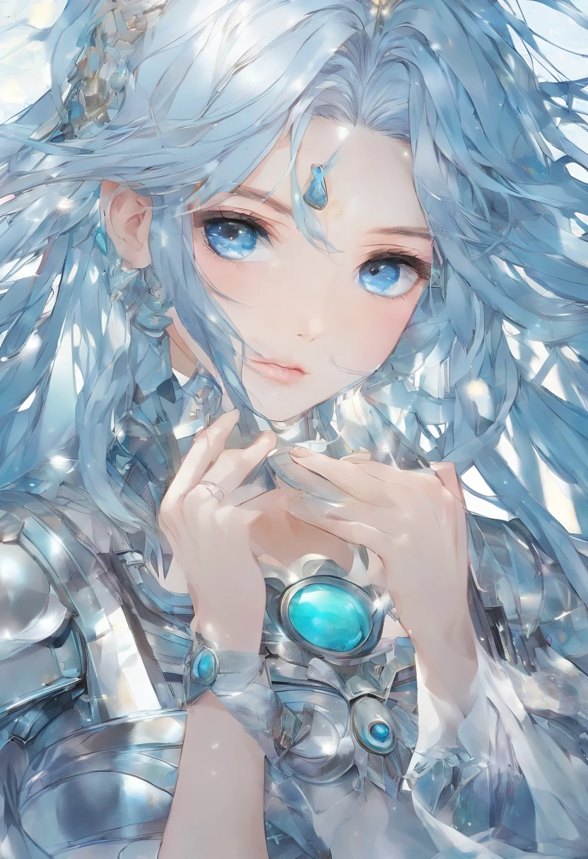 Masterpiece, high-resolution, HD, realism, close up portrait, up body, beautiful girl. 1girl. Young woman about 20 years old. Beautiful face. Delicate face. Detailed face. Beautiful face. Determinate expression. Big turquoise eyes. Silver armor, Intricate armor, Detailed silver armor. Medium breasts. Helmet. Long light blue hair. Straight hair. Long hair. Bands. Light blue hair flying in the air. Energy laughing from hands. Powerful. Dynamic. Cosmic background. ((no extra hand), (no extra fingers).