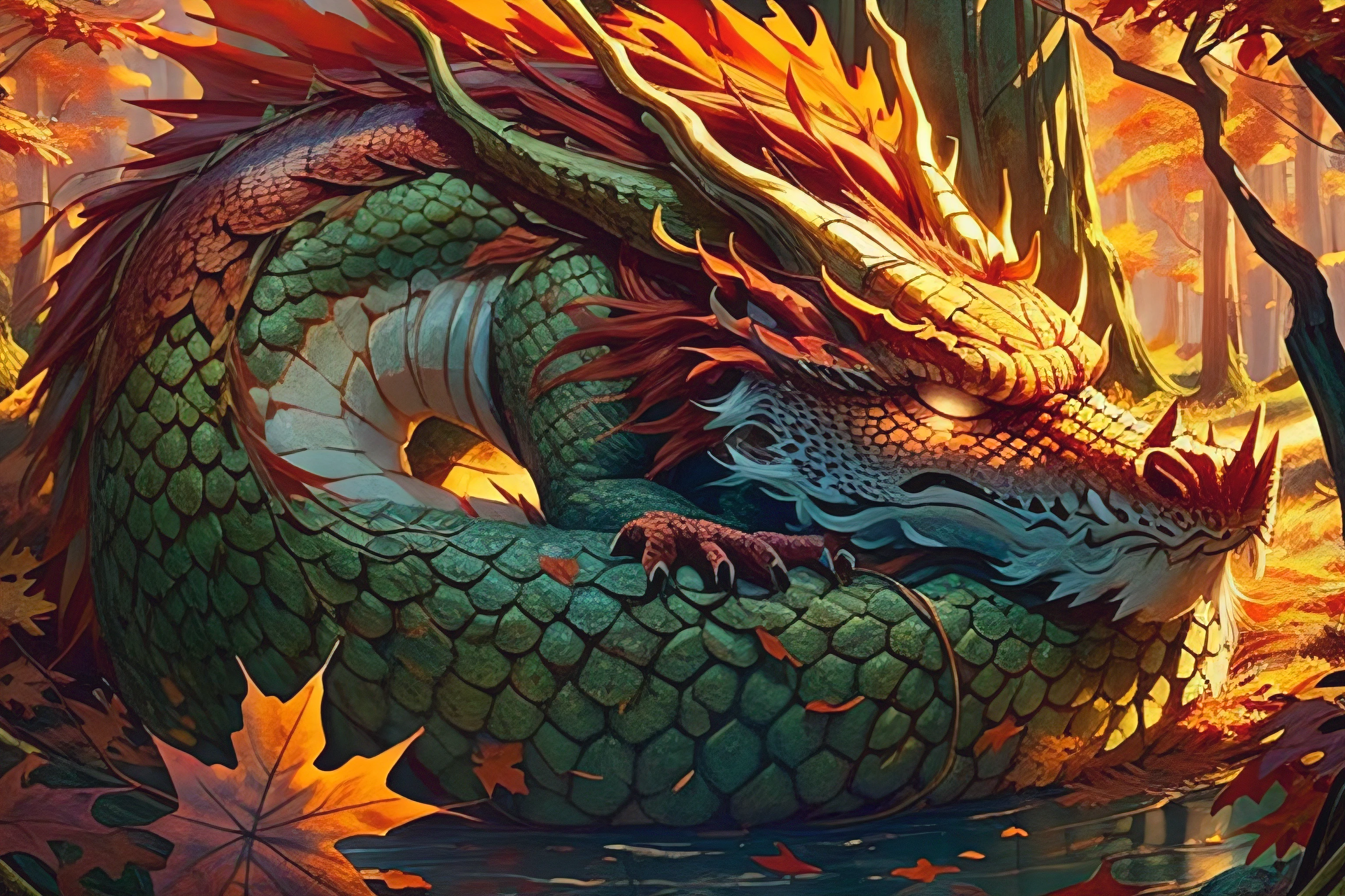 Sleeping (autumn) dragon in a beautiful fall (forest), female red-haired Finnish (knight), happily sleeping on dragon's belly, dusk, (leaves falling), calm, peaceful, detailed, high quality, high resolution, 8k, (unreal engine), film still, high saturation