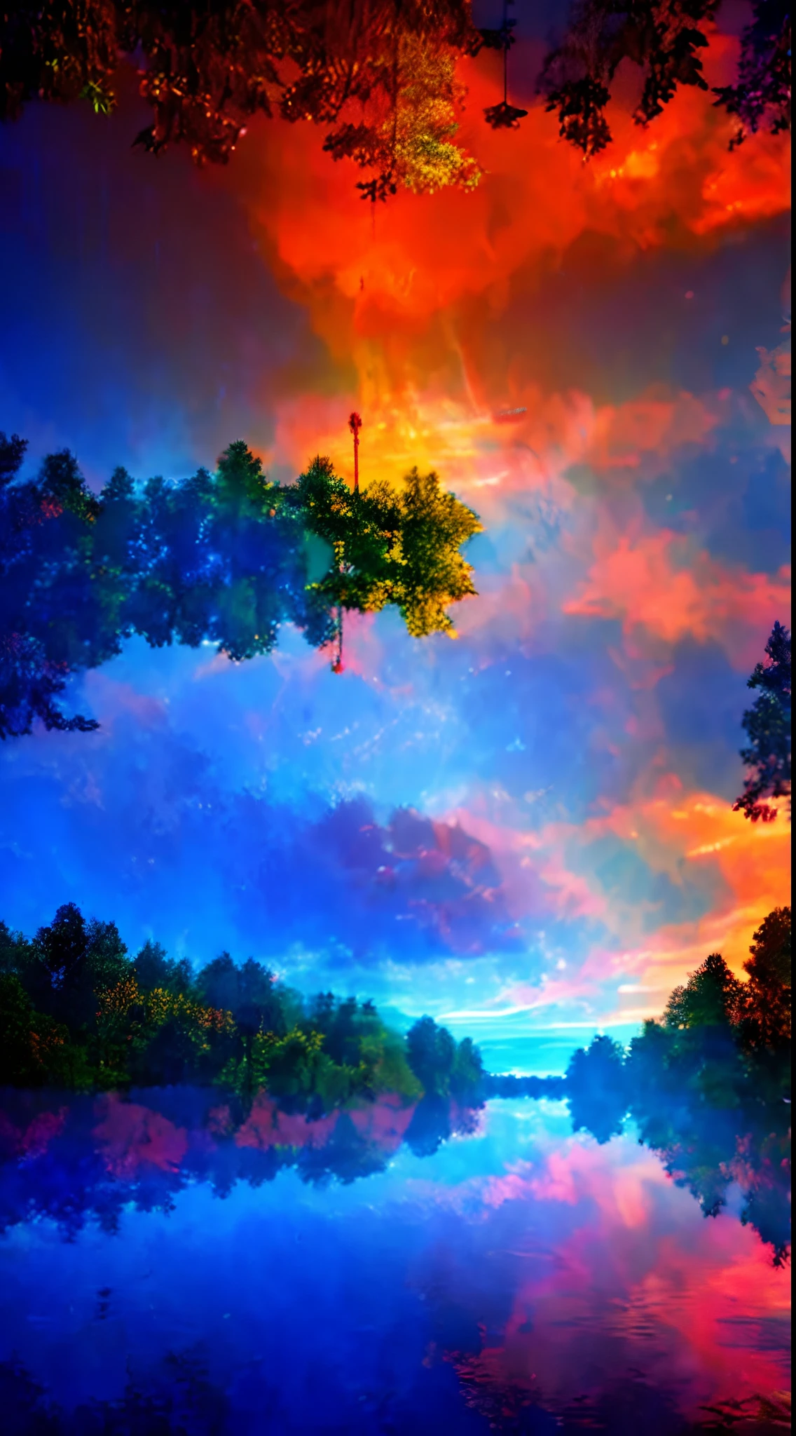 There is a beautiful sunset with a lake and trees in the background, Colorful sky, Surreal colors, colorful sunset, Colorful sky, A wonderful reflection of the sky, Stunning sky, Fairytale atmosphere 8K, Colorful clouds, Color, reflecting the lake, Surreal sky, red and blue reflections, Reflection of fire, Beautiful sky, Beautiful and breathtaking twilight, Beautiful dreamy landscape, Amazing sky, wallpapers, letho, lake, dawning, woods, Detailed forest, clouds, tmasterpiece, Filmic, soft light, Depth of field, ray traced, Reflection in water, 真实感, Ulra Detailed