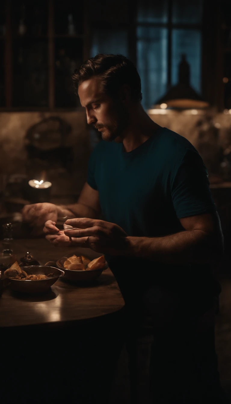 photorealistic, best quality, masterpiece, extremely detailed, masculine, sexy, homoerotic, extremely handsome, 30 year old japanese man, muscular build, big smile, setting the table, candlelit dinner, in dining room, at midnight, cinematic shadows, extremely romantic atmosphere, perfect face, perfect fingers, perfect hands, perfection