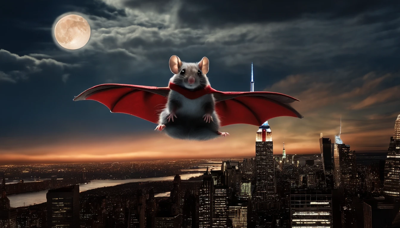 a mouse in a red sweater vest flying over new york city skyscraper,s in a white glider,  midnight city lights in the background, full moon, dark puffy clouds in sky