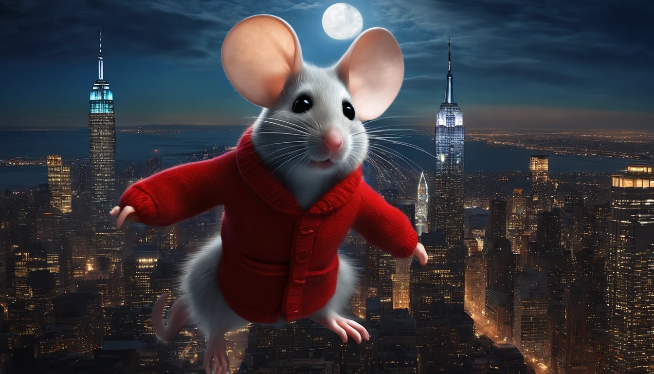 a mouse in a red sweater vest flying over new york city skyscraper,s in a white glider, midnight city lights in the background, full moon, dark puffy clouds in sky