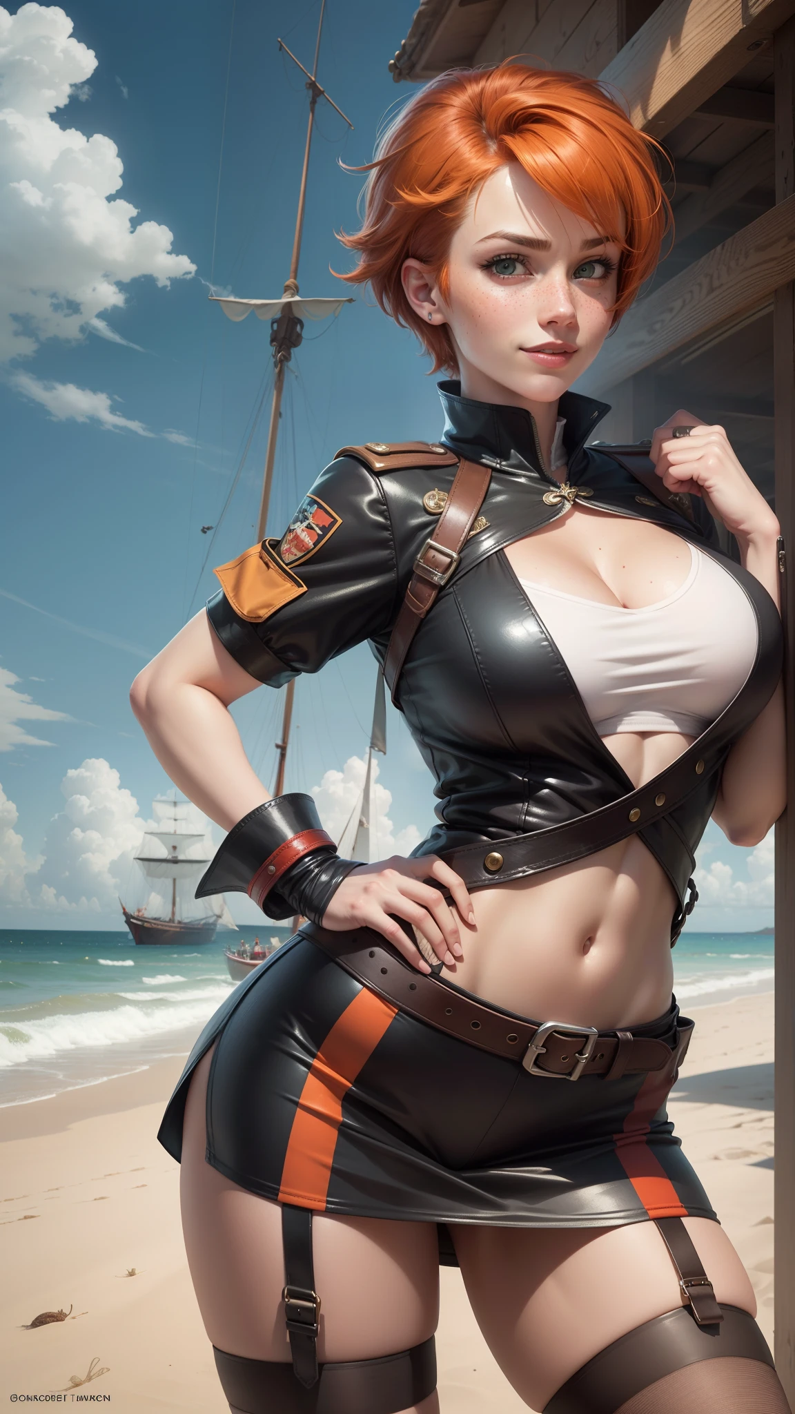 gwen tennyson,boa hancock,tracer, rebecca chambers,pirate uniform, beach,ager,green eyes,garter belt,striped panties,short hair, orange hair,pirate ship,shy smile, ginger,white striped top,bodycon skirt,freckles,redhead,beautiful girl,stockings,large breasts,ultra detailed,realistic,