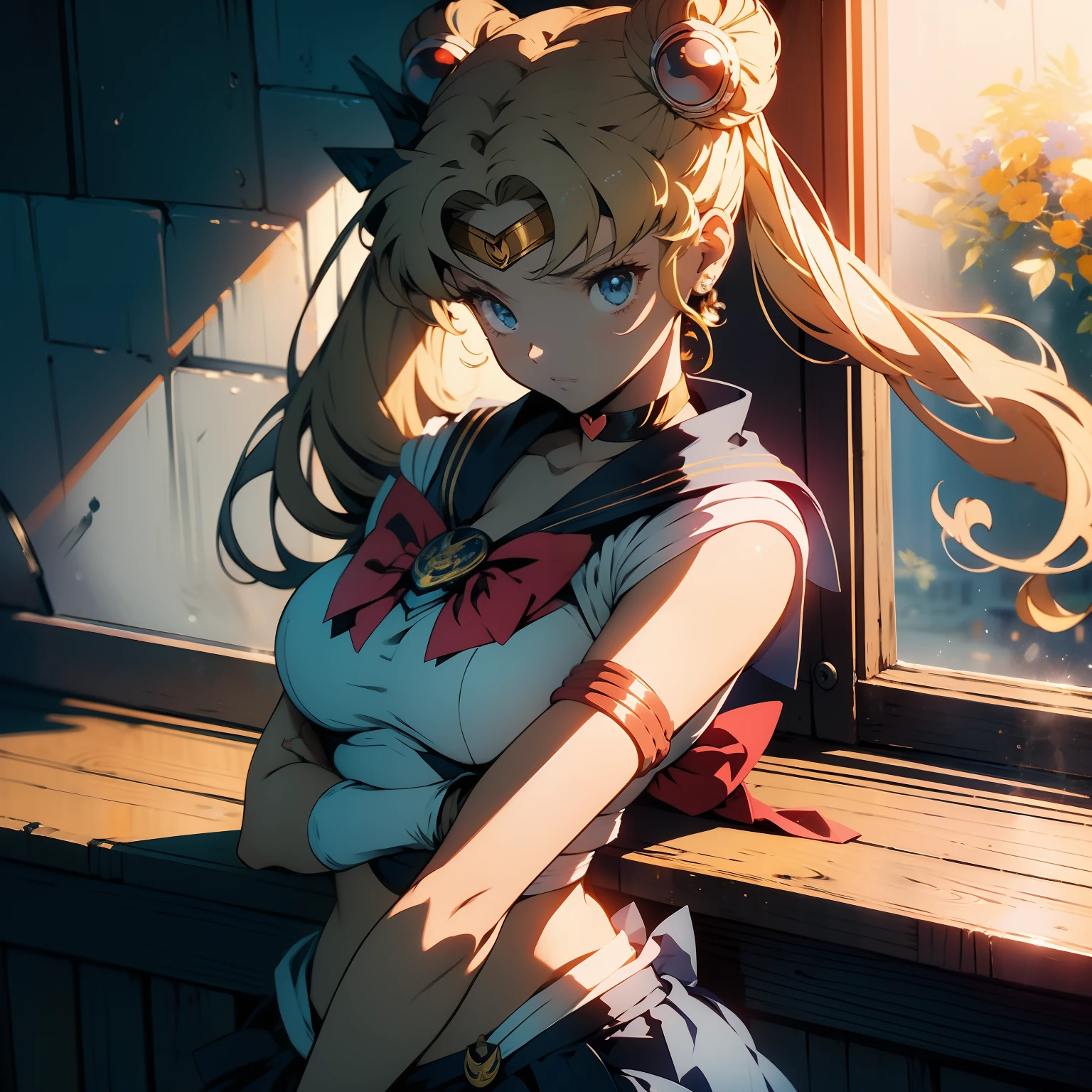 (masterpiece, best quality ) (sailor moon) aausagi, blonde, ywllow hair, hands chained to the ceilling, lifting arms above head, double bun, twintails, parted bangs, circlet, jewelry, earrings, choker, red bow, white gloves, elbow gloves, blue skirt style, red bow, blue eyes, visible bellybutton, underboob, sitting on a window sill with a black bra and cuffs, wrapped in leather straps, leather cuffs around wrists, restrained, harnesses and garters, handcuffed, handcuffs, dominant pose, sexy dominant pose,