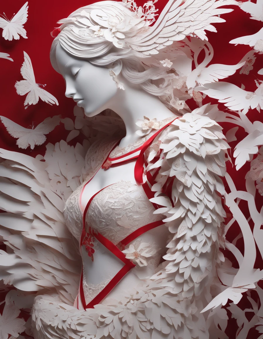 (best quality, ultra-detailed, realistic:1.37), white half mask, large angel wings, long red dress, innocence, beautiful detailed eyes, beautiful detailed lips, flowing dress, ethereal atmosphere, soft lighting, studio photography, vivid colors, subtle shadings