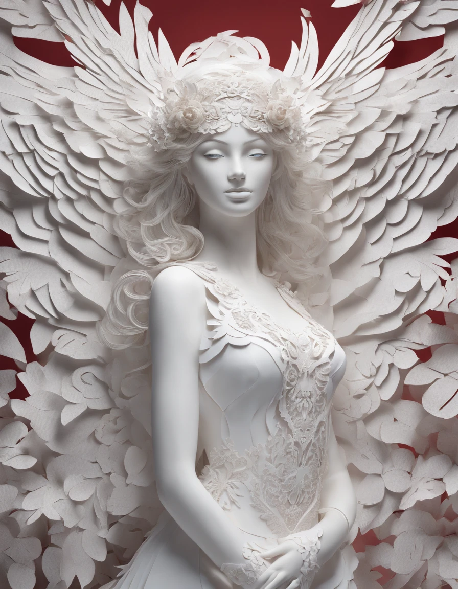 (best quality, ultra-detailed, realistic:1.37), white half mask, large angel wings, long red dress, innocence, beautiful detailed eyes, beautiful detailed lips, flowing dress, ethereal atmosphere, soft lighting, studio photography, vivid colors, subtle shadings