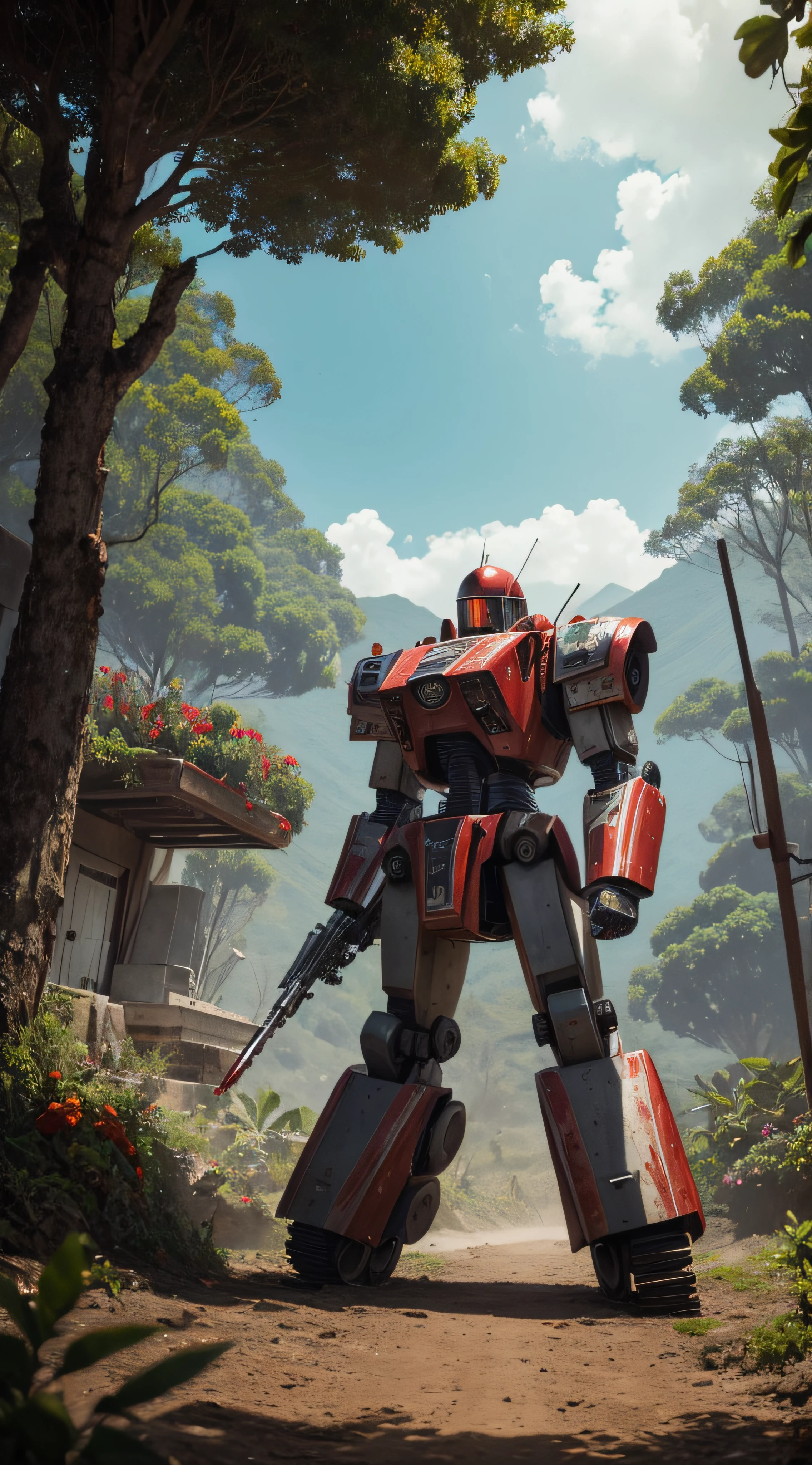 (extremadamente detallado, obra maestra, La mejor calidad, foto antigua, principios de siglo, VHS Aesthetics) Great retro robot with blood in robotic hands. Armas grandes, cannons on his back. motosierras. In the middle of a strange jungle. Vegetables from another dimension. Epic flowers far away, organic trees with meat. Luz noche.