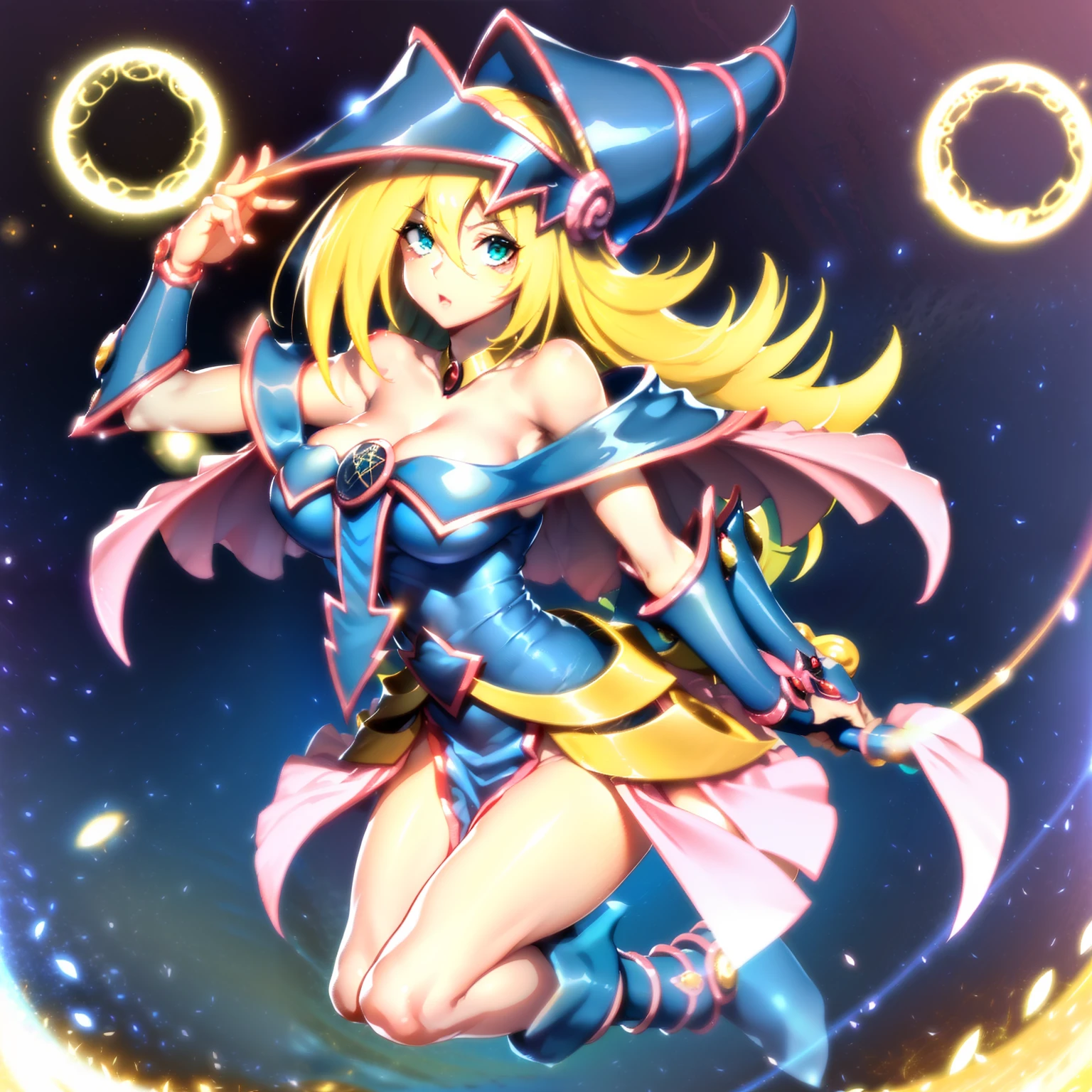 ((A magic circle with many bright and detailed letters drawn large on the ground、A magic circle that begins to shine)):1.9、((A beautiful dark magician girl with long silver hair in a black witch costume with a triangular hat who holds her hands over the magic circle and starts singing.)):1.9、((Looking at her and the magic circle)):1.9、Masutepiece、Antecedentes altamente detallados,realista,Ultra-detallado,Super detailed skin,Resplandor ligero,Film grain,Expro II,Destello de lente,afilar,cinematic shadow. Hermosa dark magician girl