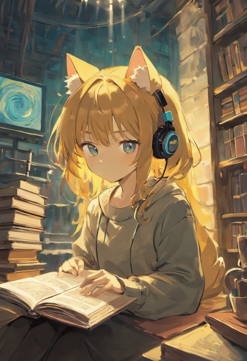 A cat reading a book wearing headphones, van gogh style, oil painting