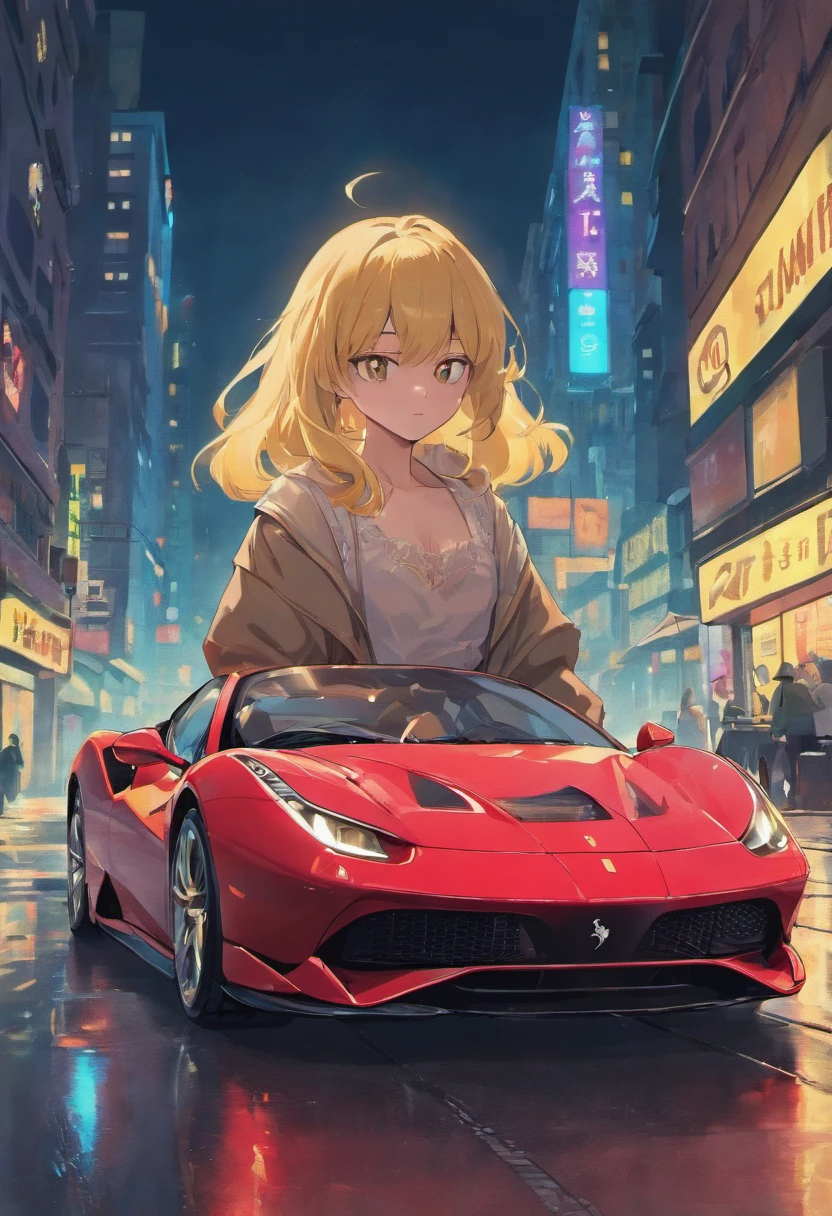 Ferrari 80s car icon in the city at night, Lua cheia iluminada ::n_desenho de estilo, Defeitos de baixa qualidade, boneca, console de jogos, Anime peito grande, mensagens de texto, Assinaturas