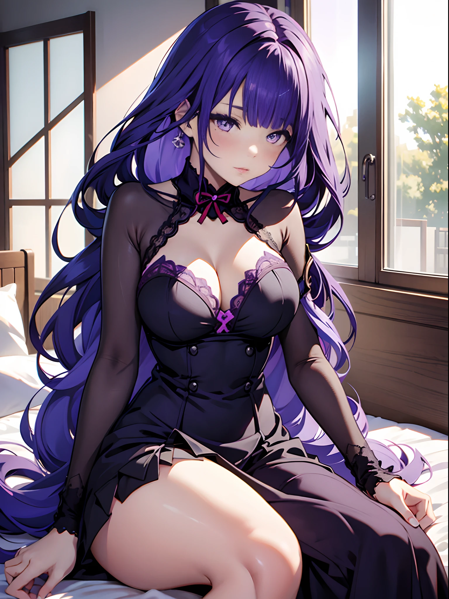 Anime girl sitting on bed in front of window in lingerie, seductive anime girls, Perfect purple girl, nightcore, beautiful and seductive anime woman, Girl with purple hair, Purple hair, Beautiful anime girl, in dress, Anime girl wearing black dress, attractive anime girls, Purple-haired lady, Purple hair big breasts, Beautiful anime woman, from girls frontline,Extra-large big breasts,Blush,