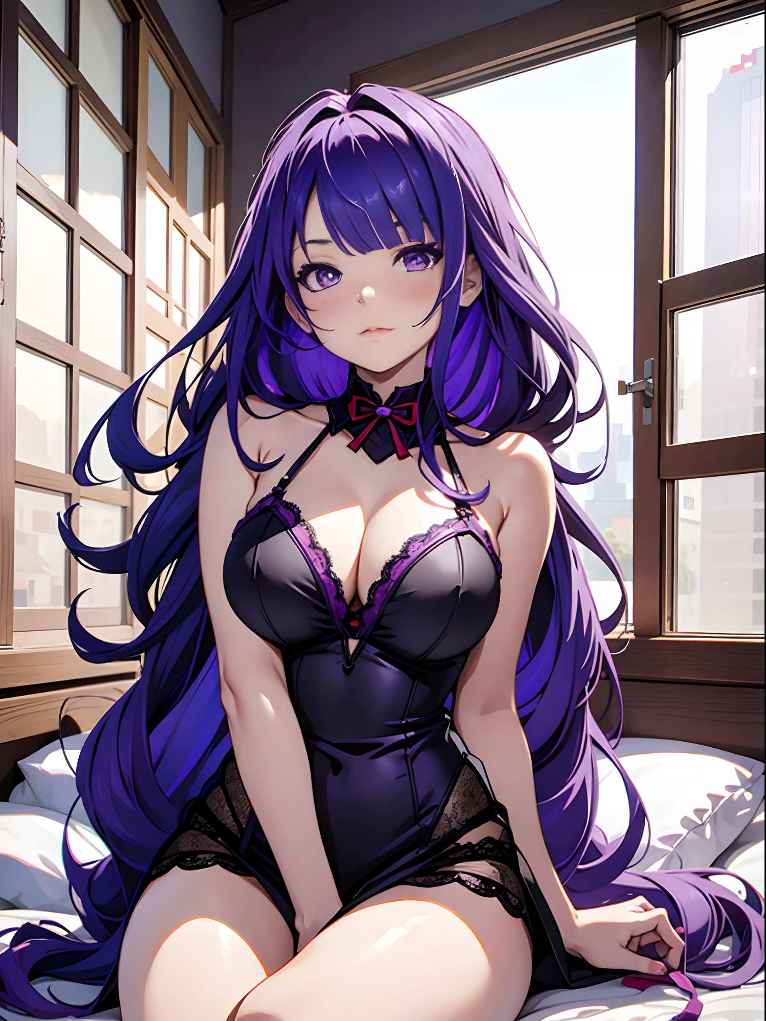 Anime girl sitting on bed in front of window in lingerie, seductive anime girls, Perfect purple girl, nightcore, beautiful and seductive anime woman, Girl with purple hair, Purple hair, Beautiful anime girl, in dress, Anime girl wearing black dress, attractive anime girls, Purple-haired lady, Purple hair big breasts, Beautiful anime woman, from girls frontline,Extra-large big breasts,Blush,