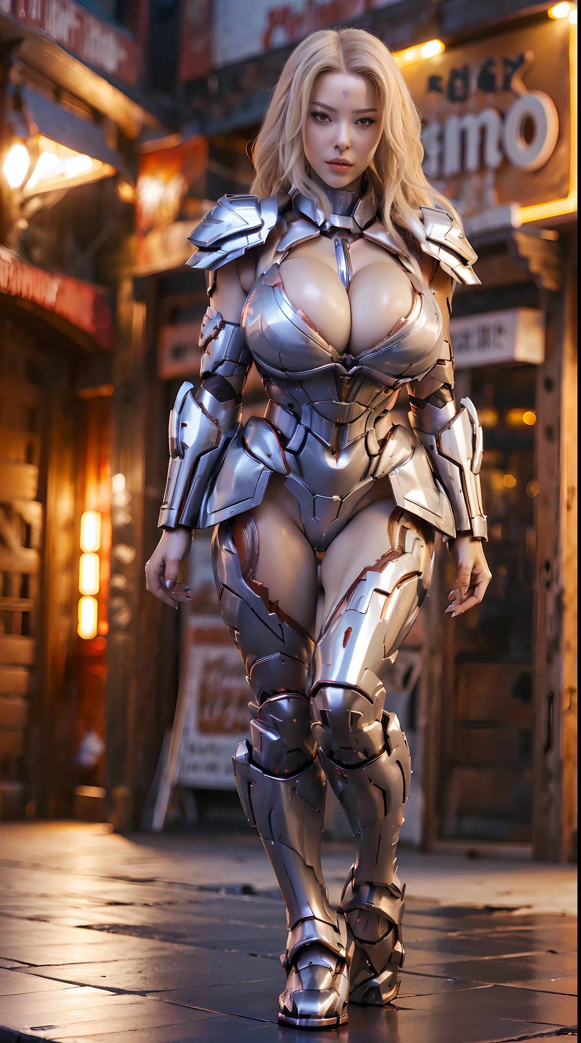 A WOMAN, BEAUTIFULL FACE, (RED EYES PUPIL:1), (SEXY RED LIBS:1), (BLONDE HAIR:1), (BEAUTY MAKEUP:1), (SHINY BODYSKIN:1.2). (HUGE BOOBS), (FULL BODY:1.3), (WHITE SKINTIGHT MECHA ARMOR:1.1), (CLEAVAGE:1.3), TRANSPARANT, TALL LEGS, STANDING, SEXY BODY, (MUSCLE ABS:1.3).
