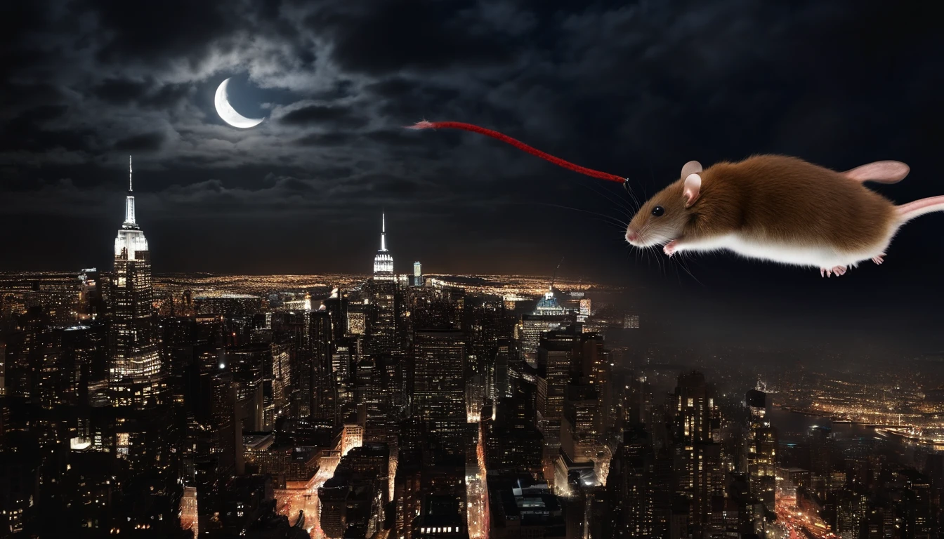 a mouse in a red sweater vest flying over new york city skyscraper,s hanging from white glider,  midnight city lights in the background, full moon, dark puffy clouds in sky